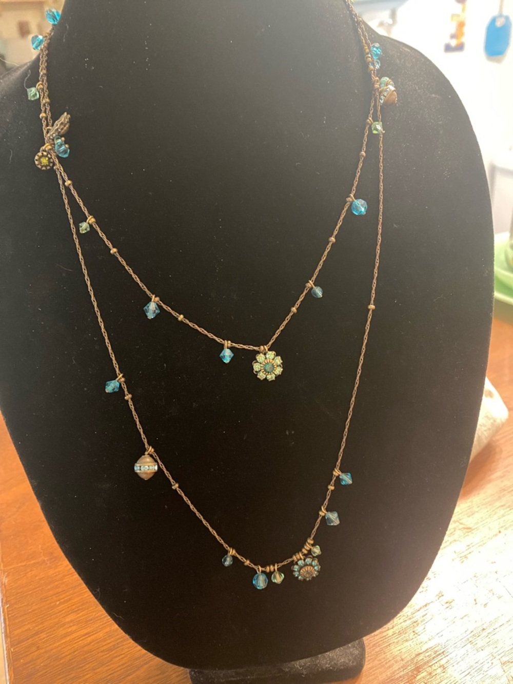 Vintage Liz Palacios San Francisco Teal Aqua Blues Charm 48” Necklace